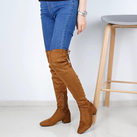 Women's Camel-1.77 Inchs Polyurethane (PU) Over Knee High Warm Winter Long Boot - Picture 4 of 6